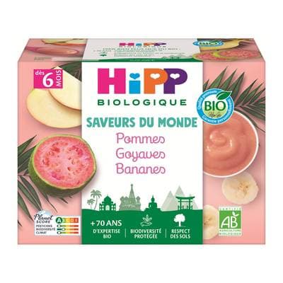 Hipp - Saveurs du Monde Pommes Goyaves Bananes Bio Coupelle Bébé Dès 6 mois, 4x100g