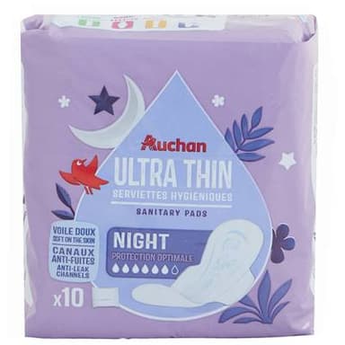 Auchan Serviettes hygiéniques avec ailettes nuit, 10 serviettes