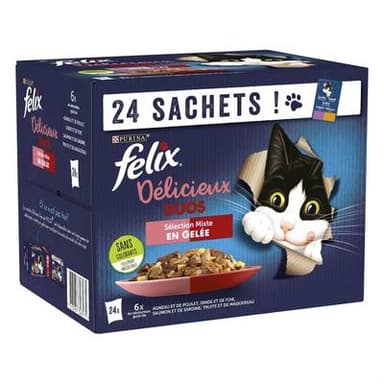 Purina - Félix Sachets en Gelée Duo Tendres Effilés Sélection Mixte 4 Variétés pour chat, 24x85g