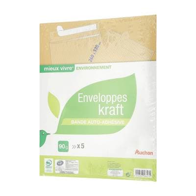 Auchan 5 Enveloppes kraft auto-adhésives, Dimensions 260x330mm