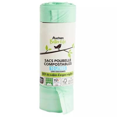 Auchan Better Life Sacs poubelles compostables avec liens coulissants 10L, 15 sacs poubelles