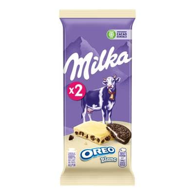 Milka Tablette de chocolat blanc aux éclats de biscuit Oreo, 2x100g