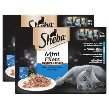 Sheba - Mini Filets Sachets en Sauce Sélection Poissons 4 Variétés pour chat, Lot de 2 -12x85g