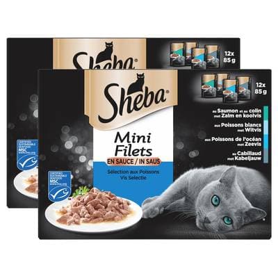 Sheba - Mini Filets Sachets en Sauce Sélection Poissons 4 Variétés pour chat, Lot de 2 -12x85g