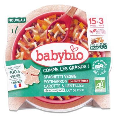 Babybio Spaghetti Veggie Potimarron Carotte & Lentilles Lait de Coco Bio Assiette Bébé dès 15 mois, 200g