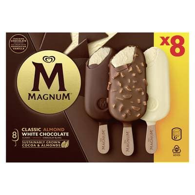 Magnum Bâtonnets Classic, Amande et Chocolat Blanc, 8 bâtonnets - 572g