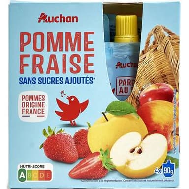 Auchan Gourdes purée de pomme fraise sans sucres ajoutés, 4x90g
