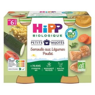 Hipp - Petits Mijotés Semoule aux Légumes Poulet Bio Pot Bébé Dès 6 Mois, 2x190g