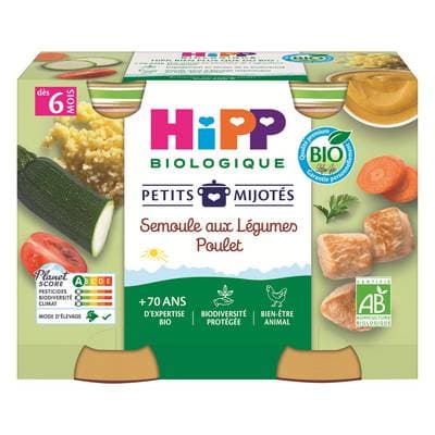 Hipp - Petits Mijotés Semoule aux Légumes Poulet Bio Pot Bébé Dès 6 Mois, 2x190g