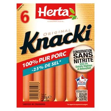Herta Knacki Taux de Sel Réduit, Conservation Sans Nitrite, 6 saucisses - 210g