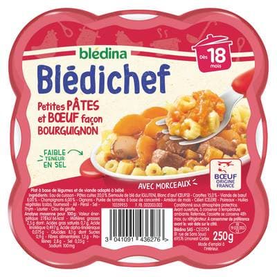 Blédina - Blédi'chef Petites Pâtes et Boeuf Façon Bourguignon Assiette Bébéb Dès 18 mois, 250g