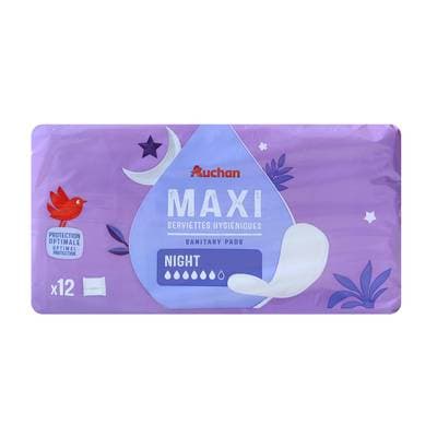 Auchan Serviettes hygiéniques sans ailettes maxi nuit, 12 serviettes