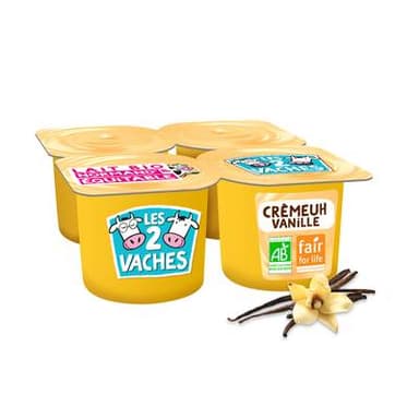 Les 2 Vaches Crème dessert vanille Bio, 4x95g