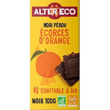 Alter Eco - Commerce Equitable Chocolat noir écorces d'orange 60% Cacao Bio du Pérou, 100g