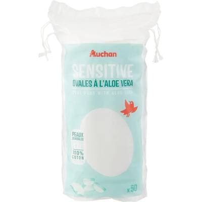 Auchan Sensitive Cotons ovales à démaquiller à l'aloé véra, 50 pièces