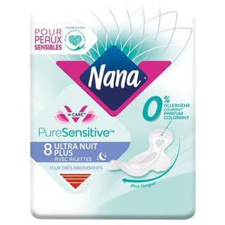 Nana Serviette nuit ultra Sensitive avec aillettes, 8 serviettes