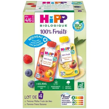 Hipp - 100% Fruits 2 Variétés Purée de Fruits Bio - Gourde Bébé Dès 4 mois, 4x90g