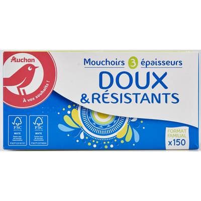 Auchan Boîte de mouchoirs doux et résistants 3 épaisseurs, 150 mouchoirs
