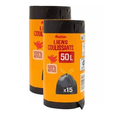 Auchan Sacs poubelle avec liens coulissants 50L, Lot de 2x15 sacs poubelles