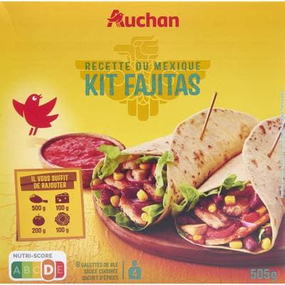 Auchan Kit pour fajitas - 8 galettes de blé, Sauce fajita, Sachet d'Assaisonnement., 505g
