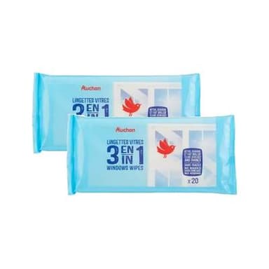 Auchan Lingettes vitres 3en1, Lot de 2x20 lingettes