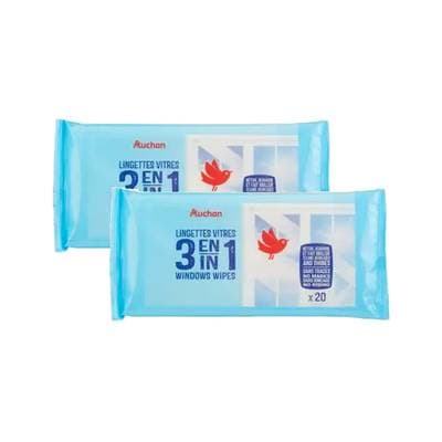 Auchan Lingettes vitres 3en1, Lot de 2x20 lingettes