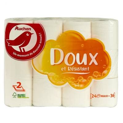 Auchan Papier toilette blanc doux et résistant 2 épaisseurs, 24 rouleaux papiers toilettes