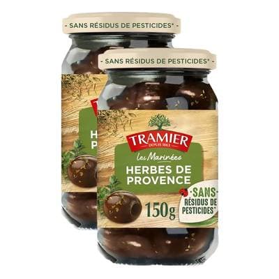 Tramier Olives Noires Dénoyautées Herbes de Provence Sans résidus de Pesticides, Lot de 2x150g