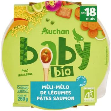 Auchan Baby Bio Méli-mélo légumes pâtes et saumon Bio Assiette  bébé dès 18 mois, 260g