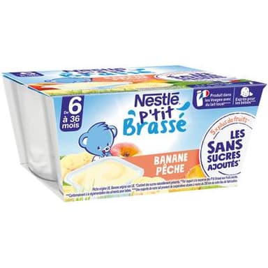 Nestlé - P'tit Brassé Dessert lacté Banane Pêche Coupelle Bébé Dès 6 mois, 4x90g