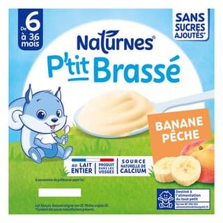 Naturnes® - P'tit Brassé Dessert lacté Banane Pêche Coupelle Bébé Dès 6 mois, 4x90g