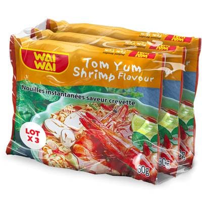 Wai wai Soupes Nouilles Thai instantanées Saveur Crevettes, 3x60g