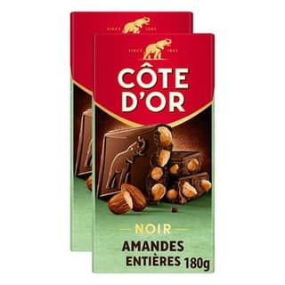 Côte d'Or Chocolat bloc noir amandes entières, Lot de 2x180g