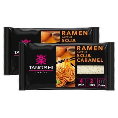 Tanoshi - Japon Ramen Saveur Soja Caramel Nouilles Japonaises Précuites, Lot de 2x360g