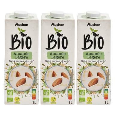 Auchan BIO Lait d'Amande légère sans sucres ajoutés bio boisson végétale, Lot de 3x1L