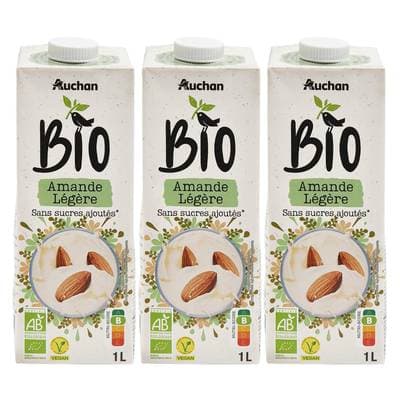 Auchan BIO Lait d'Amande légère sans sucres ajoutés bio boisson végétale, Lot de 3x1L