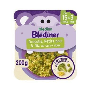 Blédina - Blédîner Brocolis, Petits pois et riz au curry doux Assiette bébé Dès 18 mois, 200g