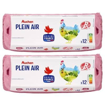 Auchan Oeufs de poules élevées en plein air Label Rouge, Lot de 2x12 oeufs