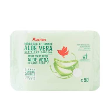 Auchan Lingettes papier toilette humide blanc à l'aloe Vera, 50 papiers toilettes humides