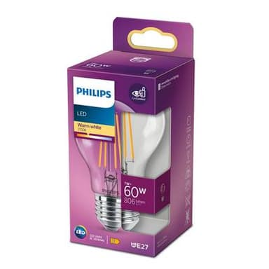 Philips Ampoule E27- 7W LED Classique Transparente Blanc Chaud, E27  60W
