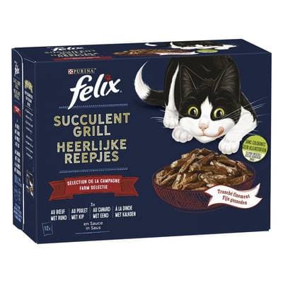 Purina - Félix Sachets en Sauce Succulent Grill - Sélection Campagne 4 variétés pour chat, 12x80g
