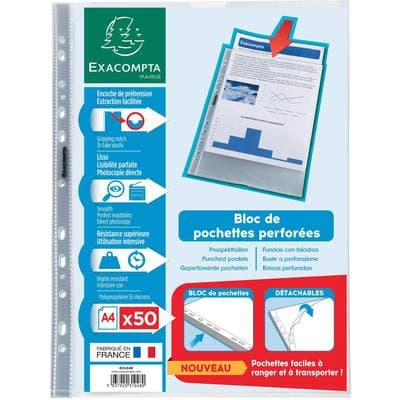 Exacompta Bloc de 50 Pochettes transparentes perforées A4 21x29,7 cm, 50  pochettes