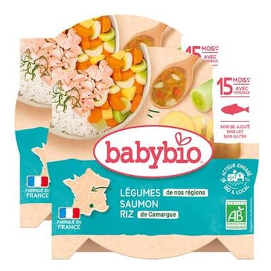 Babybio Méli-Mélo de Légumes, Saumon, Riz Bio Assiette Bébé Dès 15 mois, Lot de 2x260g