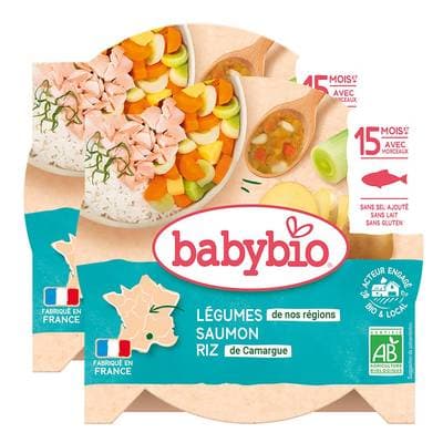 Babybio Méli-Mélo de Légumes, Saumon, Riz Bio Assiette Bébé Dès 15 mois, Lot de 2x260g