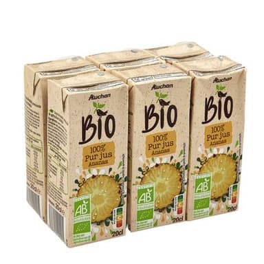 Auchan BIO Pur jus d'ananas bio, 6x20cl