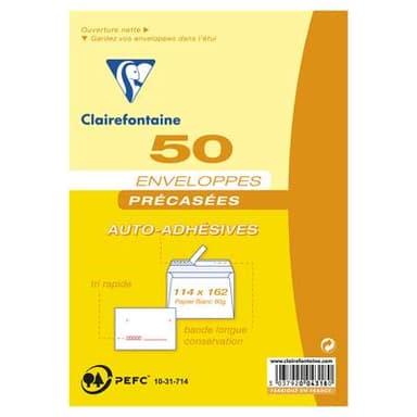 Clairefontaine 50 Enveloppes précasées, Dimensions 114 x 162 mm