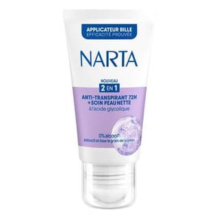 Narta Déodorant Bille 2en1 Anti-Transpirant 72H + Soin Peau Nette à l'Acide Glycolique, 50ml