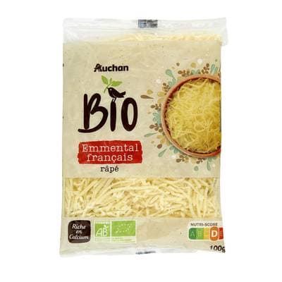 Auchan BIO Emmental râpé français au lait pasteurisé bio, 100g