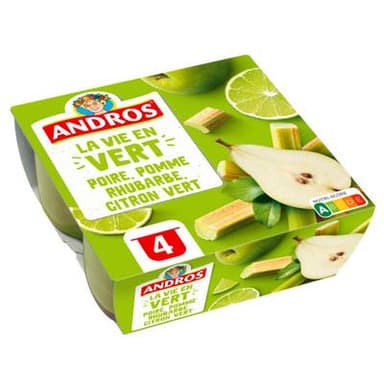 Andros Compote Pomme Poire Rhubarbe Citron vert, 4x100g