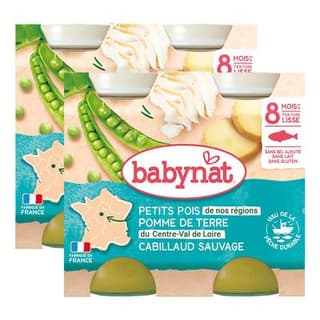 Babybio Petits pois, pommes de terre et cabillaud Bio pots Bébé Dès 8 mois, Lot de 2 - 2x200g